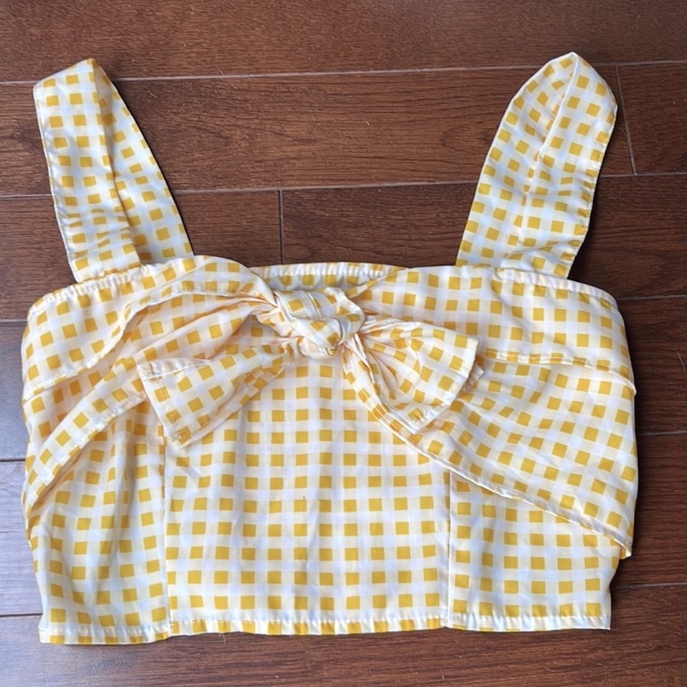 Yellow Gingham Plaid Bow Crop Tank Top